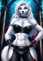 ai_generated anthro blue_eyes bulge choker futanari leather_clothing leather_pants sarah_snowpaw white_hair wolf