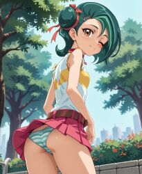 1girls ai_generated ass breasts kotori_mizuki outdoors panties skirt small_breasts solo striped_panties tori_meadows upskirt wink yu-gi-oh!_zexal