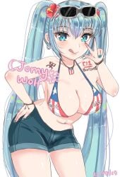 1girls alternate_version_available asian_latina big_breasts bikini bikini_top blue_eyes blue_hair blue_nails clothing denim denim_shorts earrings flag_bikini flowers_in_hair hand_on_hip hatsune_miku jomywolf latin_american_hatsune_miku_(meme) leaning_forward necklace painted_nails puerto_rican puerto_rican_flag puerto_rican_flag_bikini puerto_rican_miku shorts sunglasses sunglasses_on_head tongue_out v_sign vocaloid