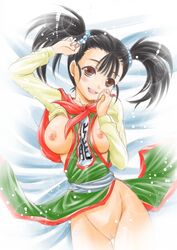 :d black_hair blush breasts breasts_out brown_eyes clothing dragon_quest dragon_quest_iii dress female fighter_(dq3) large_breasts no_panties open_mouth pussy short_hair short_twintails sketch smile solo tied_hair traditional_media tsubakiyama_parry twintails