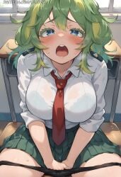 ai_generated black_bra black_panties blue_eyes blush boku_no_hero_academia bow bra bra_visible_through_clothes breasts chair classroom collared_shirt colored_eyelashes desk female green_hair green_skirt hagakure_tooru_(visible) indoors large_breasts looking_at_viewer medium_hair multicolored_hair my_hero_academia necktie open_mouth panties panty_pull pleated_skirt red_necktie school_desk school_uniform see-through see-through_shirt shirt sitting skirt solo sweat teeth thighs u.a._school_uniform underwear white_shirt window