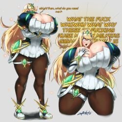 1female 1girls artist_name blush breast_expansion breasts_bigger_than_head female huge_breasts lapotato8 mythra mythra_(xenoblade) tagme thick_thighs twitter_link xenoblade_(series)