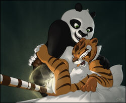 2013 anthro bear bed blanket breasts closed_eyes fangs feline female fingering fur furry green_eyes kung_fu_panda male master_tigress nude open_mouth orgasm panda pillow po po_xiao_ping pussy sex slate tiger