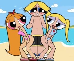 background beach bikini blonde_hair blossom_(powerpuff_girls) blue_eyes blush blushing boomer_(powerpuff_girls) bubbles_(powerpuff_girls) enjoying enjoyment lap_dance long_hair long_hair_female orange_hair pink_eyes ponytail ponytails powerpuff_girls red_hair rowdyruff_boys smile swimsuit twerking