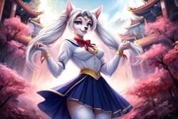 ai_generated bishoujo_senshi_sailor_moon blue_eyes clothing cosplay furry sailor_moon_(cosplay) sarah_snowpaw skirt small_breasts stockings white_hair wolf