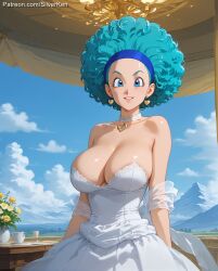 1girls afro ai_generated big_breasts blue_eyes blue_hair breasts bulma_(afro) bulma_briefs dragon_ball dragon_ball_super dragon_ball_z dress light-skinned_female light_skin silverken