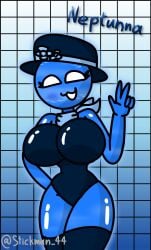 big_breasts blue_background blue_body blue_skin female female_only happy neptune_(planet) neptunna_(stickman44) oc stickman44 thighs white_eyes white_mouth