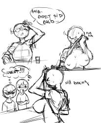 1girl 2boys accidental_exposure big_breasts blush blush_lines blushing countryhumans countryhumans_girl demonii exposed_breasts moldova_(countryhumans) romania_(countryhumans) rough_sketch shocked sitting_on_chair sketch speech_bubble sweat sweating table think_bubble ukraine_(countryhumans) unaware wiping_sweat wiping_with_shirt