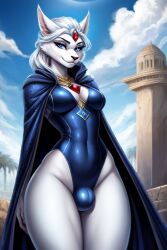 ai_generated blue_eyes bulge cosplay futanari raven_(cosplay) sarah_snowpaw white_hair wolf