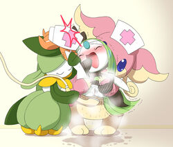 ambiguous_gender audino blue_eyes blush closed_eyes female lilligant meloetta nintendo nurse_hat open_mouth pasaran pokemon pussy video_games washing water