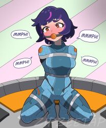 artist_request ball_gag bondage bound comic female frogtie juno_(overwatch) overwatch purple_hair restrained tagme watermark