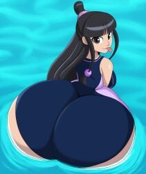2025 beach big_ass black_eyes black_hair bubble_ass bubble_butt caked_up capcom cel_shading dumptruck_ass dumptruck_butt gyakuten_saiban gyatt hair_accessory hair_ornament hi_res high_resolution highres huge_ass japanese_swimsuit large_ass light-skinned_female light_skin long_hair looking_at_viewer looking_back looking_back_at_viewer maya_fey mechspazer pov simple_background sitting_in_water sole_female solo solo_female summer tagme tongue tongue_out water