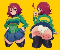 ! 1girls arm_up ass_focus bananawithas black_eyes black_legwear clothed female freckles freckles_on_ass freckles_on_face hands_on_hips kim_pine legwear looking_back panties pawg rear_view red_hair scott_pilgrim short_hair skirt_lift stockings thighhighs upskirt white_panties