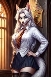 ai_generated blue_eyes cosplay furry hogwarts_school_uniform sarah_snowpaw white_hair wolf