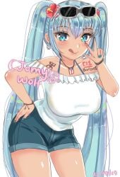 alternate_version_available asian_latina bare_shoulders big_breasts blue_eyes blue_hair blue_nails bra_strap clothing dark-skinned_female denim denim_shorts earrings flowers_in_hair hand_on_hip hatsune_miku jomywolf latin_american_hatsune_miku_(meme) latina leaning_forward necklace painted_nails puerto_rican puerto_rican_flag puerto_rican_miku shorts sunglasses sunglasses_on_head tan_body tongue_out v_sign vocaloid wristwear