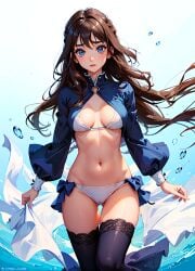 1girls ai_generated arms_at_sides ass_visible_through_thighs bangs bikini black_thighhighs blue_background blue_bow blue_eyes blush bow braid breasts breasts_apart brown_hair cameltoe closed_mouth cowboy_shot feet_out_of_frame floating_hair groin holding lace-trimmed_legwear lace_trim lips long_hair long_sleeves looking_at_viewer medium_breasts mole mole_under_eye natsuyoru navel o-ring puffy_sleeves shrug_(clothing) solo standing stomach swimsuit thigh_gap thighhighs thighs underwear unnamed_character water water_drop white_bikini