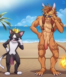 absurd_res anthro anthro_only balls beach cait_sith_(ff) cait_sith_(ff7) cat-sith celtic_mythology crown duo ear_piercing european_mythology eyewear felid final_fantasy final_fantasy_vii furry furry_male furry_only genitals headgear hi_res humanoid_genitalia humanoid_penis male male_focus male_only mammal mythology nanaki nude penis piercing purplevelbeth red_xiii square_enix sunglasses