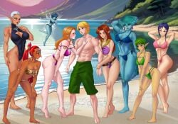 1boy 6+girls 8girls aged_up amenoosa beach big_breasts bikini bikini_bottom bikini_top blonde_hair blue_bikini blue_eyes blue_hair blue_skin blue_skinned_female bombchu_lady brown_hair brown_skinned_female cleavage_overflow fairy fairy_wings fish_girl flustered_male gerudo green_bikini green_hair green_swimming_trunks green_swimsuit harem harem_outfit impa impa_(ocarina_of_time) leaf_clothing link_(ocarina_of_time) long_hair long_legs malon multiple_females multiple_girls nabooru navi nintendo ocarina_of_time pink_bikini pointy_ears princess_ruto princess_zelda purple_bikini purple_hair red_eyes red_hair saria second-party_source sheikah strawberry_blonde_hair swim_trunks swimsuit taller_girl the_legend_of_zelda thick_thighs touching_abs tubetop white_hair zelda_(ocarina_of_time) zora