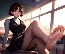 ai_generated anxiousdangero barefoot foot_fetish makoto_niijima persona persona_5 school_uniform schoolgirl steaming_body sweatdrop toes