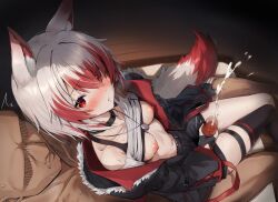 1boy 1girl 1girls absurdres animal_ear_fluff animal_ears asen belt belt_buckle black_belt black_collar black_gloves black_jacket black_shorts black_thighhighs blush breasts breasts_out buckle censored choker clothes_lift collar collarbone cum ejaculation fingerless_gloves fox_ears fox_girl fox_tail gloved_handjob gloves handjob highres hood hooded_jacket jacket jewelry medium_breasts mosaic_censoring multicolored_hair multicolored_tail navel necklace nipples open_clothes open_jacket open_mouth penis red_eyes red_hair red_tail shirt shirt_lift short_hair short_shorts shorts single_thighhigh sitting sitting_on_lap sitting_on_person skindentation stomach sweat syusetu_kohaku tail thigh_sex thigh_strap thighhighs thighs trembling vee_(vtuber) virtual_youtuber white_hair white_shirt white_tail