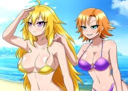 2020 2girls ahoge assisted_exposure beach belly_button bikini blonde_hair color detailed_background digital_drawing_(artwork) female female_only ginger ginger_hair imminent_exposure imminent_nudity light-skinned_female long_hair mischievous_smile navel nora_valkyrie ocean orange_hair prank purple_bikini purple_bikini_bottom purple_bikini_top purple_eyes red_hair rwby short_hair source stomach tagme teal_eyes toned_female toned_stomach yang_xiao_long yellow_bikini yellow_bikini_top yensh