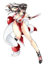 1girls ball belt bending_forward bent_forward big_breasts big_breasts brown_eyes brown_hair cleavage fan female gloves hanging_breasts human japanese japanese_clothes king_of_fighters light-skinned_female light_skin long_hair mai_shiranui shoes tail tied_hair voluptuous voluptuous_female wide_hips