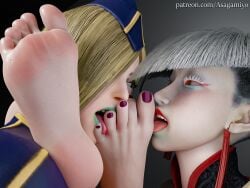 2girls 3d a.k.i. asagamiyo asian_female blonde_hair breasts chinese_female falke feet female female_only foot_fetish foot_lick self_worship street_fighter street_fighter_6 white_hair yuri