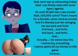 2girl 2girls apex_legends ass ass_bigger_than_breasts ass_bigger_than_head ass_bigger_than_torso ass_focus carmen_sandiego_(2019) carmen_sandiego_(franchise) clothed dialogue female female_focus female_only femdom femsub glasses hypnosis jewelry julia_argent julia_argent_(carmen_sandiego) manip mind_control short_hair showing_ass simple_background text whitewash_eyes wraith_(apex_legends) zupern0va_(manipper)