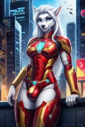 ai_generated anthro blue_eyes bulge cosplay futanari iron_man_(cosplay) sarah_snowpaw white_hair wolf