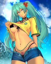 1girls bikini black_bikini blue_eyes blue_hair bra brazil brazilian brazilian_female brazilian_miku choker clothes_lift clothing denim denim_shorts ear_piercing flower_in_hair from_below hatsune_miku killzdck latin_american_hatsune_miku_(meme) latina medium_breasts navel navel_piercing necklace panties piercings pubic_tattoo seductive short_shorts shorts soccer soccer_uniform solo tan tan_body tan_skin tanlines tattoo teasing thong tied_bikini twintails unzipped_shorts vocaloid wristwear