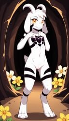 1girls 2024 ai_generated amber_eyes anthro asriel_dreemurr black_markings blushing cave digitigrade featureless_chest female female_only goat hi_res horns innie_pussy looking_at_viewer nude nude_female pussy rule_63 smile undertale white_fur