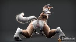 3d all_fours anthro anus ass blue_eyes breasts brown_body brown_fur canid canine canis digital_media_(artwork) f01 feet female fur furflection genitals hi_res looking_at_viewer mammal medium_breasts nude open_mouth open_smile paws presenting presenting_anus presenting_pussy pussy realistic rear_view seductive simple_background smile smirk solo teeth toes wolf