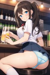 1girl ai_generated alcohol alcoholic_drink ass bar beer black_hair blue_eyes blue_panties blush breasts female looking_at_viewer medium_breasts panties school_uniform schoolgirl skirt smile