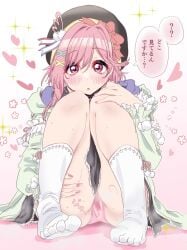 blush d4dj feet heart inaba_seijin japanese_text panties sakurada_miyu sparkles thick_thighs wet_pussy