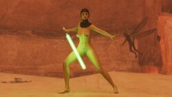 1girls 3d 3d_(artwork) alexbridger alien alien_girl big_breasts breasts female female_only geonosian geonosis green_skin headwear jedi lightsaber luminara_unduli mirialan nipples nude nude_female pubic_hair pussy solo star_wars tattoos