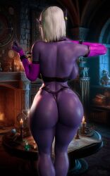 1girls 3d 3d_(artwork) armwear ass_view back_turned back_view backboob big_ass big_hips big_thighs dark_elf detailed_background elf fallen_throne female_only humanoid humanoid_only looking_away manaworld purple_body queen_nualia rear_view short_hair snoopz solo solo_female standing thong three-quarter_portrait underwear white_hair