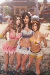 3d 3girls aerith_gainsborough aerith_gainsborough_(pink_mermaid) big_breasts bikini black_hair blender_(software) brown_eyes brown_hair cleavage female female_only final_fantasy final_fantasy_vii final_fantasy_vii_rebirth final_fantasy_vii_remake fit_female green_eyes hairbow highres large_breasts long_hair medium_breasts outdoors peace_sign pink_bikini red_eyes ria-neearts short_hair short_shorts small_breasts smile summer swimsuit tifa_lockhart tifa_lockhart_(shining_spirit) white_bikini yuffie_kisaragi