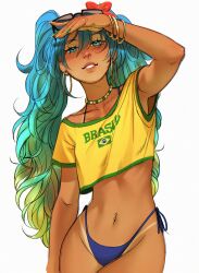 1girls bikini blue_hair blush bracelet brazil brazilian brazilian_female brazilian_flag brazilian_miku crop_top earrings female flower_in_hair green_eyes hatsune_miku hoop_earrings latin_american_hatsune_miku_(meme) long_hair navel_piercing piercing rukasu_art solo sunglasses_on_head tan tan_skin tanline twintails vocaloid