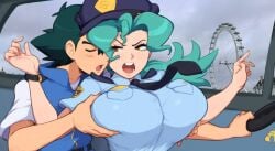 1boy 1girls afrobull_(style) ai_generated angry brown_eyes closed_eyes driving grabbing_breasts green_hair london mullon nintendo officer_jenny_(pokemon) paulinebabe pokemon police_car police_uniform satoshi_(pokemon) tie