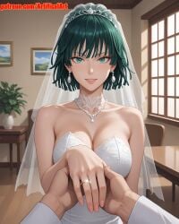 1girls ai_generated artifical_art big_breasts bride curvaceous_female cute_face dark_green_hair fubuki_(one-punch_man) green_eyes green_hair light-skinned_female mature_female medium_hair one-punch_man perfect_body short_hair voluptuous_female