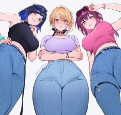 3girls alternate_costume arm_up artist_name bare_shoulders black_shirt blonde_hair blue_hair bracelet choker closed_mouth crossed_arms crossover denim diagonal_bangs evelyn_chevalier eyewear_on_head female female_only from_below genshin_impact green_eyes hand_on_own_hip honkai:_star_rail honkai_(series) jeans kafka_(honkai:_star_rail) large_breasts long_hair looking_at_viewer looking_down_at_viewer medium_hair multiple_girls nail_polish one_eye_closed paid_reward_available pants patreon_username pince-nez pink_nail_polish pink_nails pink_shirt purple_eyes purple_hair purple_nail_polish purple_nails purple_shirt qiandaiyiyu shirt short_hair simple_background sleeveless sleeveless_turtleneck smile thigh_strap thighs turtleneck white_background wide_hips yelan_(genshin_impact) zenless_zone_zero