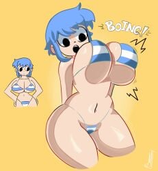 1girls arms_behind_back big_breasts black_eyes blue_hair female gerph hands_on_hips mr-jess ramona_flowers scott_pilgrim short_hair striped_underwear traced underwear