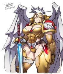 1girls 2024 adeptus_astartes angel_wings armor armored armored_female armored_gloves artist_logo artist_name artist_signature blonde_female blonde_hair blonde_hair_female blood_angels breastplate breasts cleavage cleavage_cutout cleavage_window closed_mouth cnmbwjx covered_nipples feathered_wings female_space_marine forehead_jewel gauntlets gem genderswap_(mtf) glowing_eyes gold_(metal) gold_eyes halo high_resolution highres holding_object holding_sword holding_weapon huge_breasts jewelry large_breasts looking_at_viewer looking_down open_eyes pauldrons post-human power_armor purity_seal rule_63 ryuusei_(mark_ii) sanguinor short_hair short_hair_female simple_background solo solo_female solo_focus space_marine sword thick_thighs thigh_highs thigh_squish thigh_strap thighhighs thighs twitter_link twitter_logo twitter_username vambraces warhammer_(franchise) warhammer_40k white_background white_wings wings