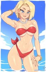 1girls android_18 bare_arms bare_legs bare_shoulders bare_thighs big_breasts bikini bikini_bottom bikini_top blonde_hair blue_eyes blush clothed clothing color dragon_ball dragon_ball_z female female_focus female_only hi_res jewelry kajinman large_breasts light-skinned_female light_skin looking_at_viewer sea short_hair solo solo_female tagme thick_thighs water wet