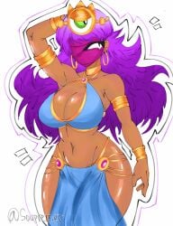 1girls bellybutton brawl_stars brown_skin covered_face dancer_outfit earrings golden_earrings huge_breasts huge_thighs motion_tweening one_eye purple_hair soupremer supercell tara_(brawl_stars) voluptuous