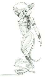 2025 anthro baron_engel bottomless breasts choker clothed clothing female fur genitals greyscale hair hi_res jewelry lamp mammal monochrome mostly_nude mouse murid murine navel necklace nipples oil_lamp petina_demouse pussy rodent solo tail topwear topwear_only vest vest_only