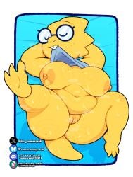 alphys anthro areola big_breasts bodily_fluids border bottomless breasts closed_eyes clothed clothing clothing_lift eyewear female freckles genitals glasses hi_res lying nipples nude pussy reptile scalie shirt shirt_lift slightly_chubby solo somescrub spread_legs spreading sweat topwear undertale undertale_(series)