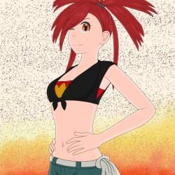 belly_button belt bikini_top female female_only flannery_(pokemon) flannery_(pokemon_oras) gym_leader hot pokemon red_eyes red_hair small_breasts smile someone_else_now sweat sweatdrop sweating sweaty_belly sweaty_body sweaty_face wink