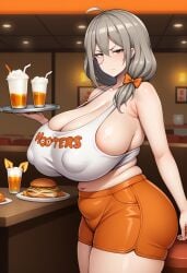 ahoge ai_generated alcohol bangs bare_shoulders beer beer_mug blush bow breasts brown_eyes cleavage covered_nipples cup employee_uniform female food french_fries gigantic_breasts girls'_frontline grey_hair hair_between_eyes hairbow helianthus_(girls'_frontline) holding holding_object hooters hooters_uniform indoors long_hair mature_female midriff milf monocle mug navel orange_shorts plate plump sagging_breasts self_upload shiny_skin short_shorts shorts solo takaman_(gaffe)_(style) tank_top thick_thighs thighs tray uniform waitress