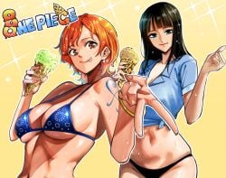 2girls bikini bikini_top black_hair breasts female female_focus female_only ice_cream nadainishi nami nami_(one_piece) nico_robin one_piece orange_hair pre-timeskip shounen_jump tagme